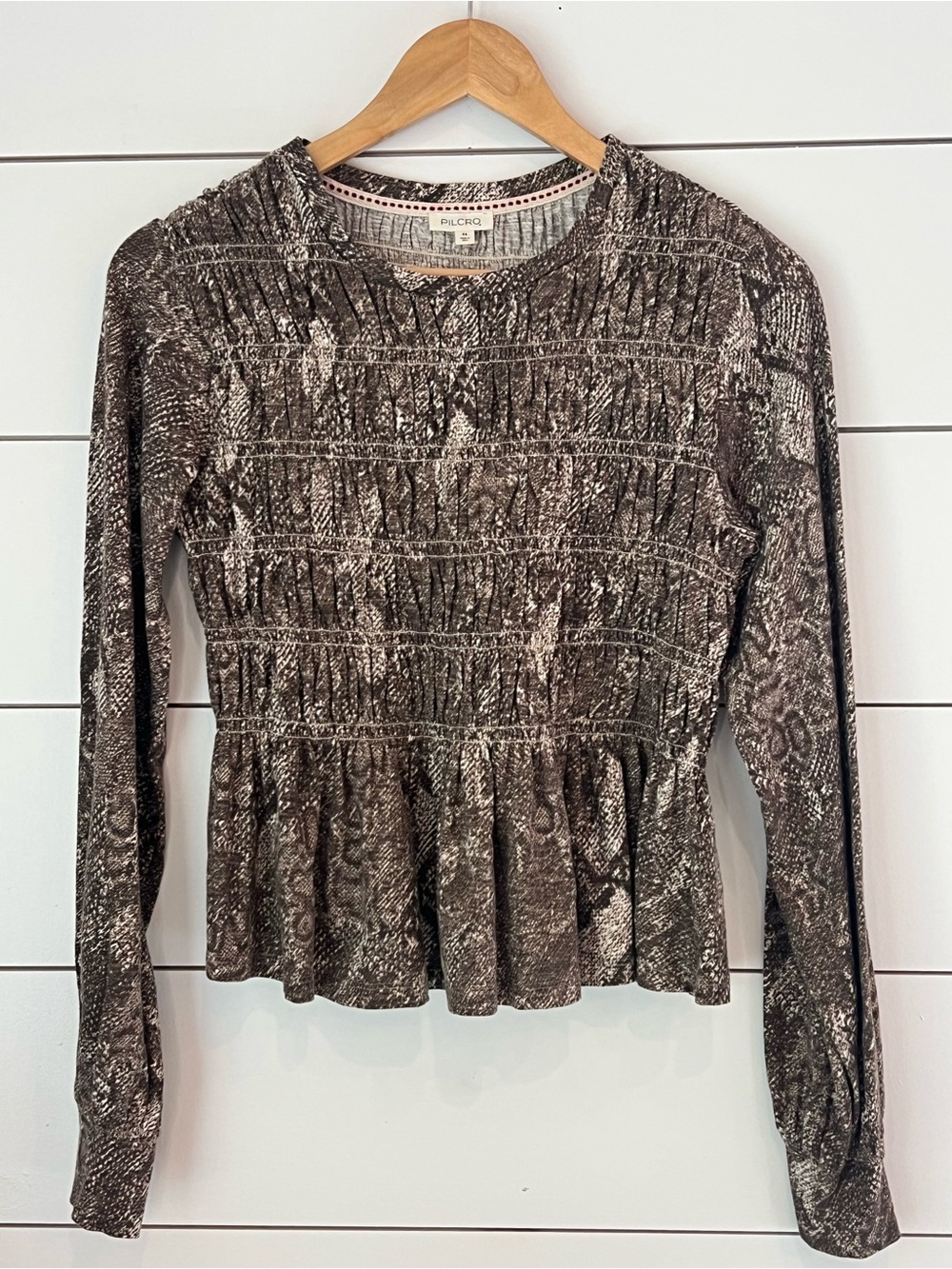 Pilcro Anthropologie Smocked‎ Peplum Long-Sleeve Top/ western/ boho/ neutral
